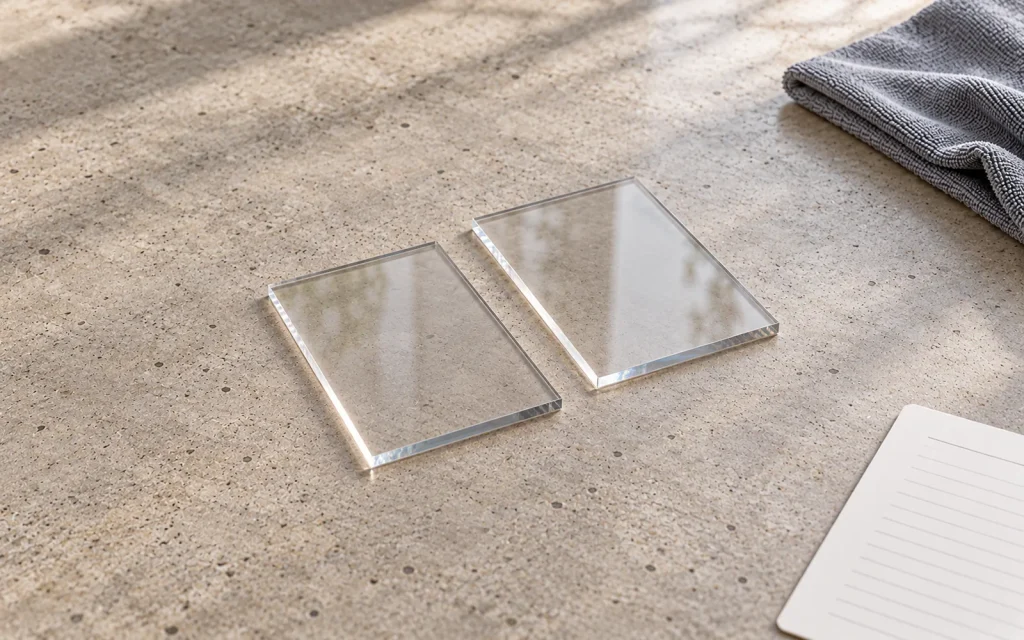 Illustrative concept: two anonymous intact transparent sheet samples on a neutral work surface, with an unbranded paper sheet and microfiber cloth.