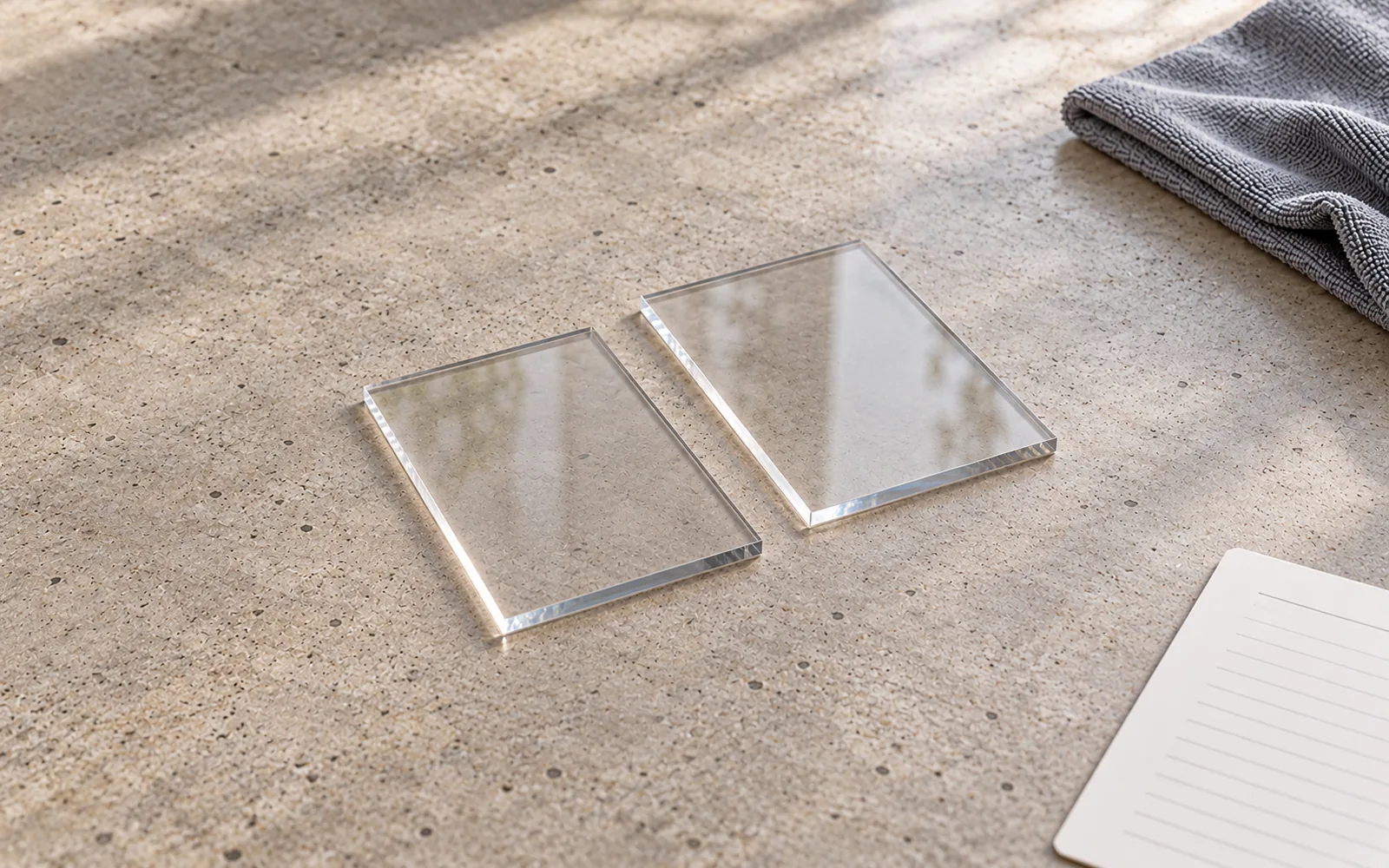 Illustrative concept: two anonymous intact transparent sheet samples on a neutral work surface, with an unbranded paper sheet and microfiber cloth.