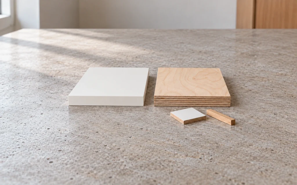 Concept illustration of a matte white finished board sample and a layered-edge wood-based board sample beside a smaller finish sample and edge strip.