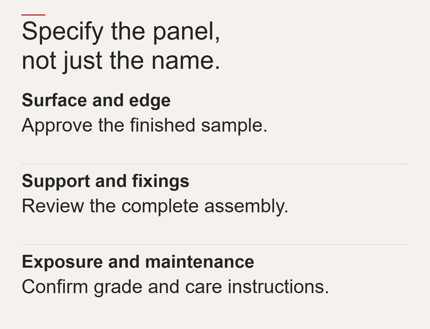 Panel specification checklist covering surface and edge, support and fixings, and exposure and maintenance.