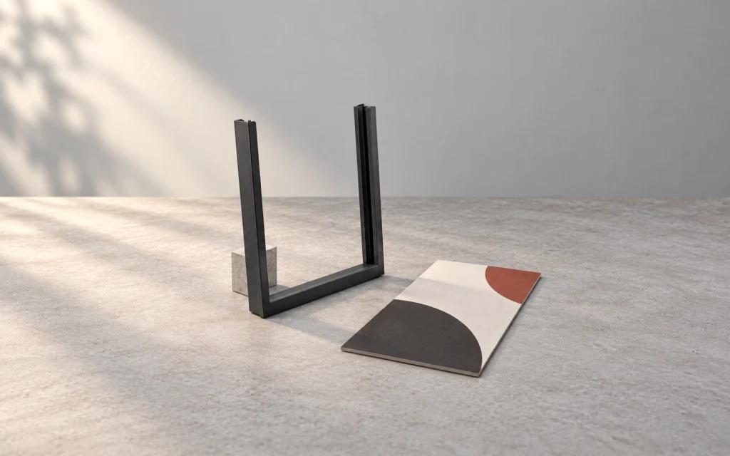 Concept illustration of an open-top graphic holder and a separate graphic panel on a design workbench.