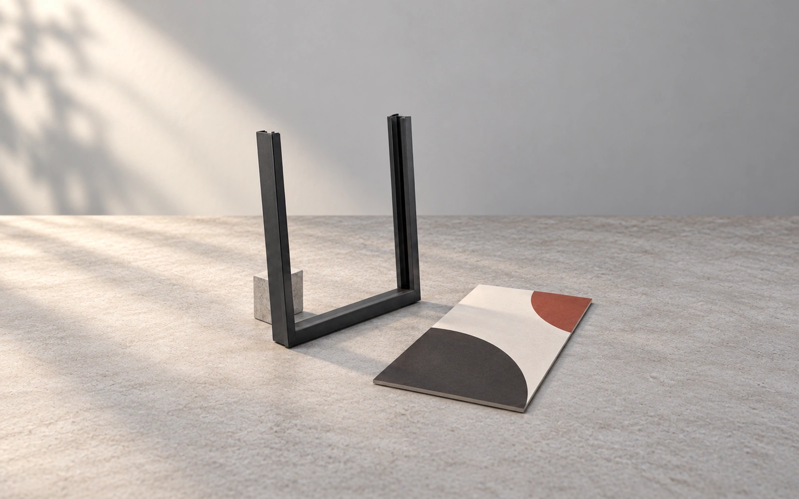 Concept illustration of an open-top graphic holder and a separate graphic panel on a design workbench.